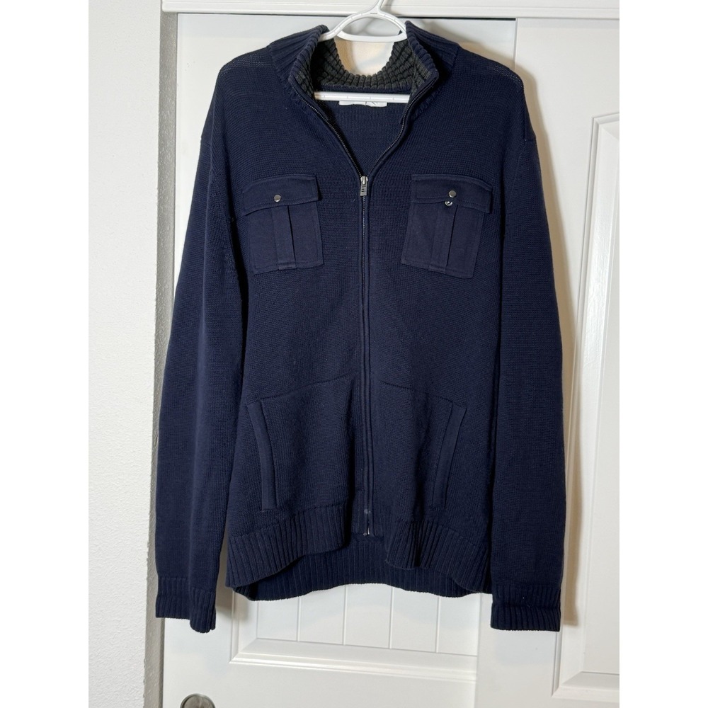 Calvin Klein Full Zip Cardigan Sweater Men's Navy Blue Knit ‎ Cotton Blend XL